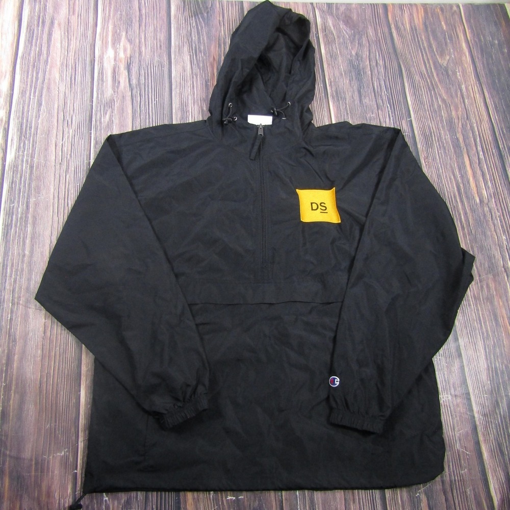 Champion Jacket Mens‎ L Black 1/2 Zip Windbreaker Hooded Lightweight Pockets